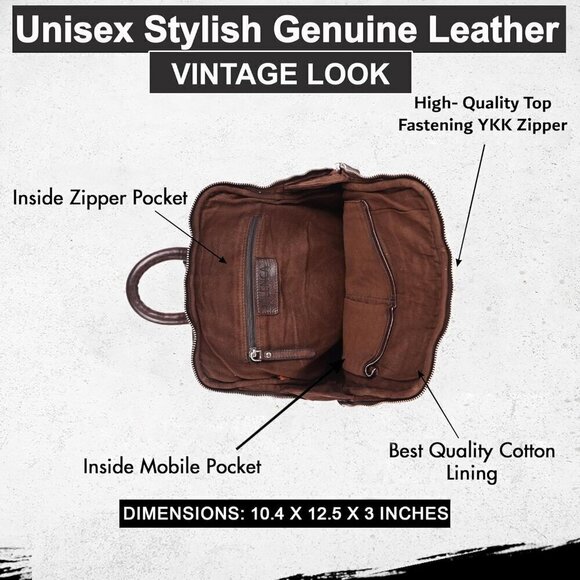 Women and Men Brown 12.5 Inch Leather Backpack with Adjustable Shoulder Strap - Picture 3 of 9